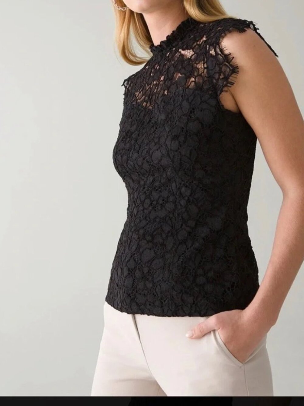 WHBM Sleeveless Lace High Neck Shell Black SUPER SOFT! Eyelash lace sleeve Sz 6 - Picture 4 of 13